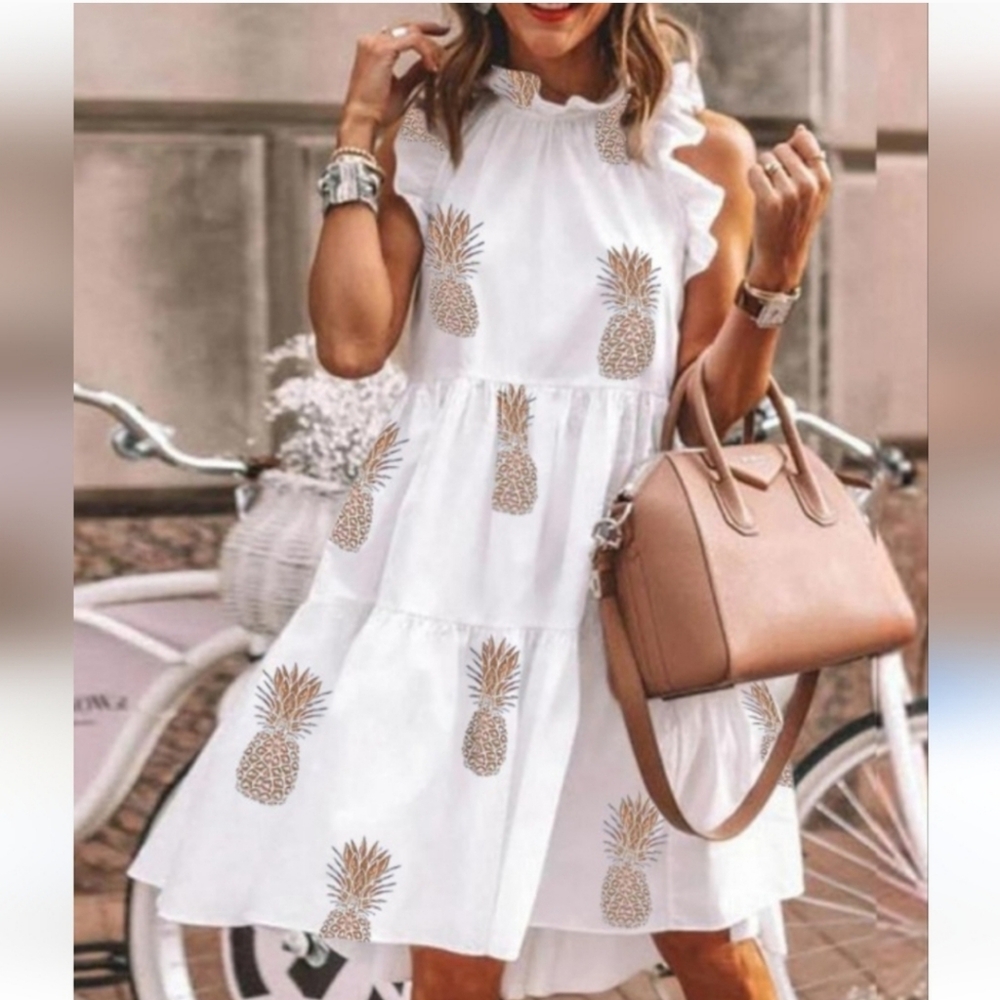 (S) Pineapple Print Babydoll Ruffle Mini Dress Vacation Lightweight Flowy Summer